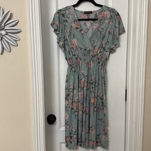 Anna Morgan blue gray pink floral gold detail fit and flare dress size L